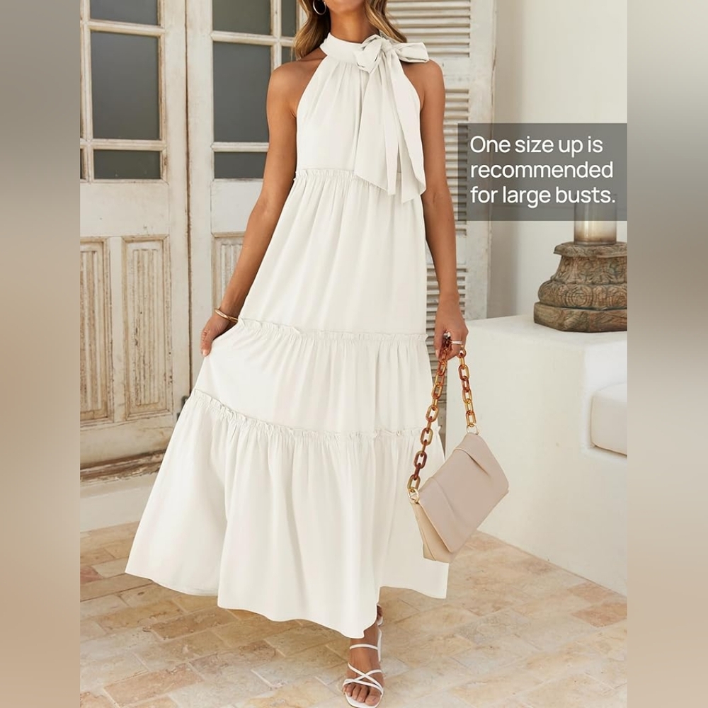 Boho Halter Maxi Dresses 2024 Casual Sleeveless Pleated Tiered Flowy Dress - Picture 2 of 7